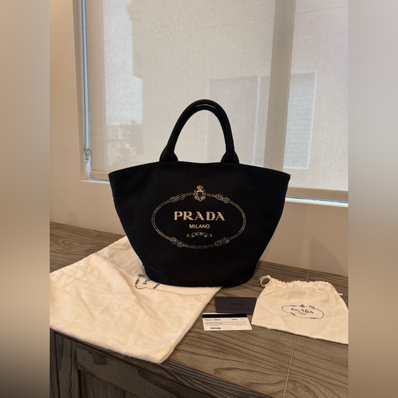PRADA Canapa Tote bag Beach Bag - Black Canvas with strap and pouch LARGE. - Picture 6 of 10